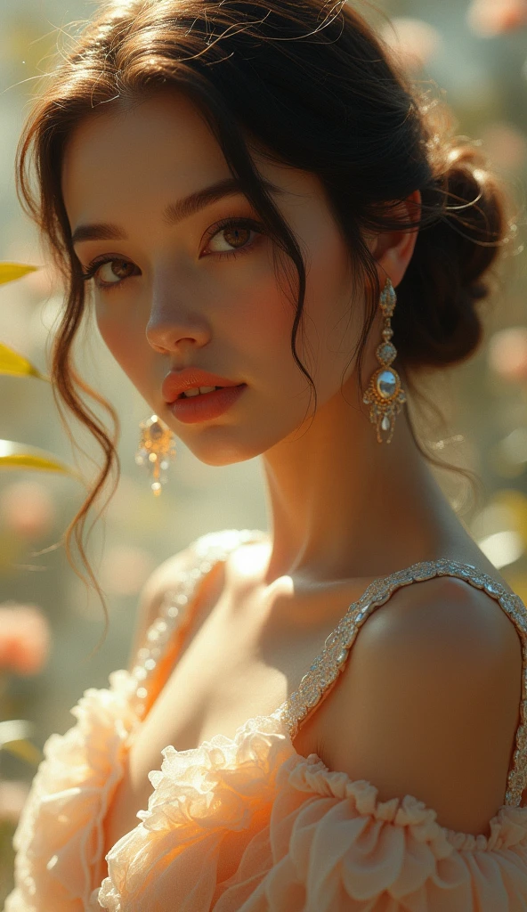 a sexy girl, 1girl, beautiful detailed eyes, beautiful detailed lips, extremely detailed eyes and face, long eyelashes, beautiful intricate hairstyle, porcelain skin, elegant facial features, detailed jewelry, elegant dress, flowing gown, romantic pose, ethereal lighting, warm soft colors, dreamlike atmosphere, cinematic composition, digital painting, masterpiece, photo-realistic, 8k, highly detailed