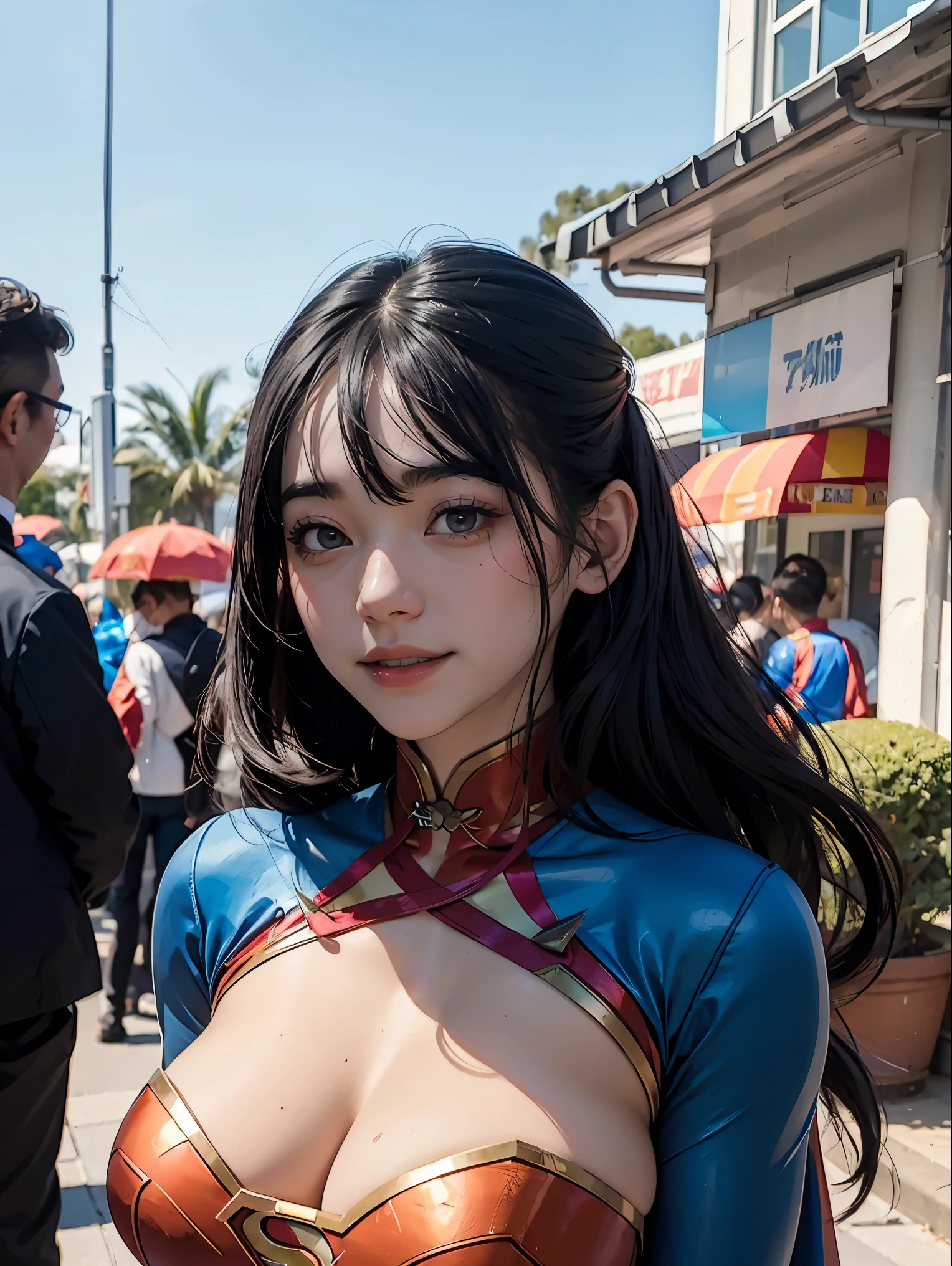 a close up of a asia woman in a superman costume standing on a cityscape, amouranth as a super villain, super photo realistic, realistic cosplay, super photo-realistic, ultra mega super hyper realistic, super-hero girl, super realistic photo, superhero body, highly detailed giantess shot, supergirl, superhero, superhero portrait, super model, super hero, super photorealistic, gigantic breasts, showing Vulvas muscular body, sexy body,