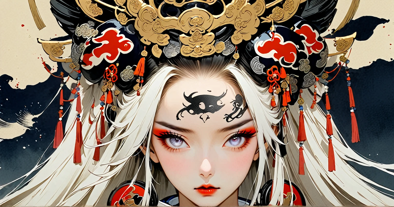 Ink painting, (((1 girl))), (((Tattoo in the middle of the forehead))),(((In the background is the Akatsuki moon))), (((Oiran))), (((Great hair accessories))), Japanese style headphones, Demon possession, (((White eyes with an inscription inside them))),Face up close, Japanese beauty, White hair, Sensitive and precise, Modern Ukiyo-e style