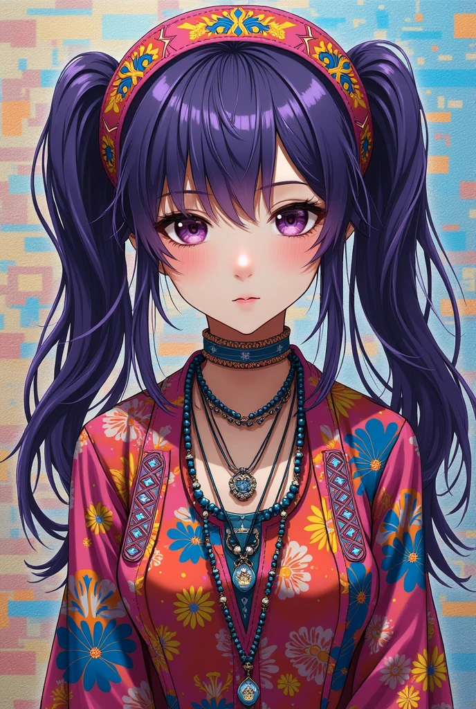 (absurdres, highres, ultra detailed), (1girl:1.3), twintails, purple hair, BREAK , glitch art, digital distortion, pixelated fragments, data corruption, colorful noise, visual chaos, contemporary aesthetics BREAK , enamel art, glass-like surface, vibrant colors, glossy finish, reflective textures, rich pigments, fluid forms BREAK , ethnic style, traditional clothing, vibrant patterns, handmade textiles, cultural motifs, beaded jewelry, artisanal accessories
