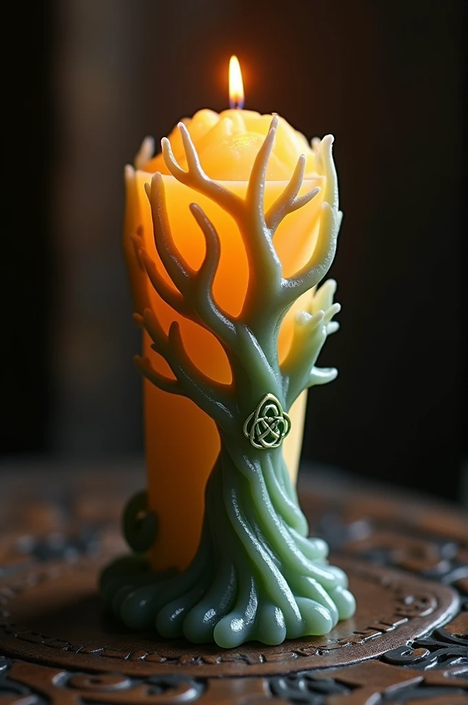 A candle in the shape of a Celtic tree