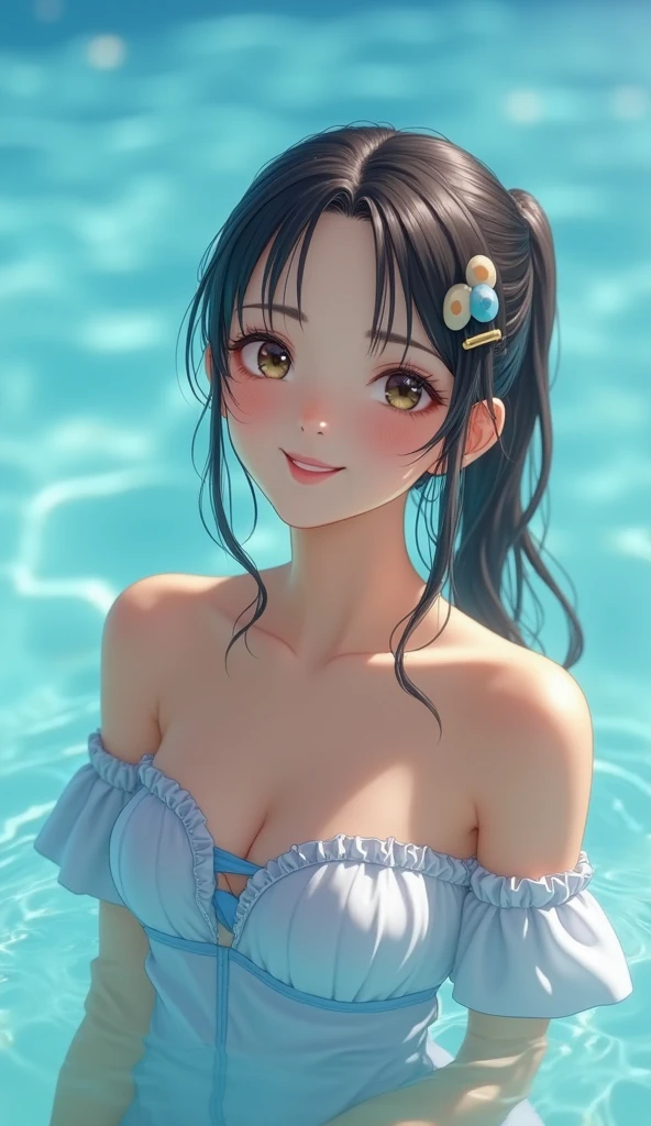 One girl, Sexy shot, 4K,extremely cute、Idol-level cute face、Well-formed face、Marugao、Long, narrow, large and delicate eyes、Baby Face、LOFI Image、Best shot、The best smile、smile、18-year-old high school girl、Upper body above water、Golden ratio of face、balance、Real Body、Plump、No makeup、blue sky、sun、Raise up on both hands、Splash、Ultra Angle、Off-the-shoulder swimsuit、Hair clip、ponytail、Body is wet、Hair flows、Breasts floating in water