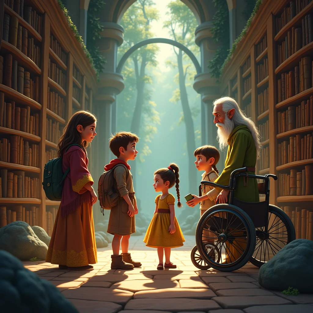 A group of 5 children (A spirited young girl from the Sunstone Tribe, A calm and wise boy from the Moonshadow Clan, A young girl from the Sky wind Nomads, who can communicate with animals, A young boy from the Earthbound Village, known for his strength and connection to the earth. A young girl with a physical disability from the Starflower Meadows, who uses her inventive mind and a magical wheelchair to navigate the world). 4 children were standing with one young girl in a wheelchair, inside the ancient library, surrounded by towering bookshelves and glowing with a magical light, as they spoke with the elderly elf Librarian, Elowen.