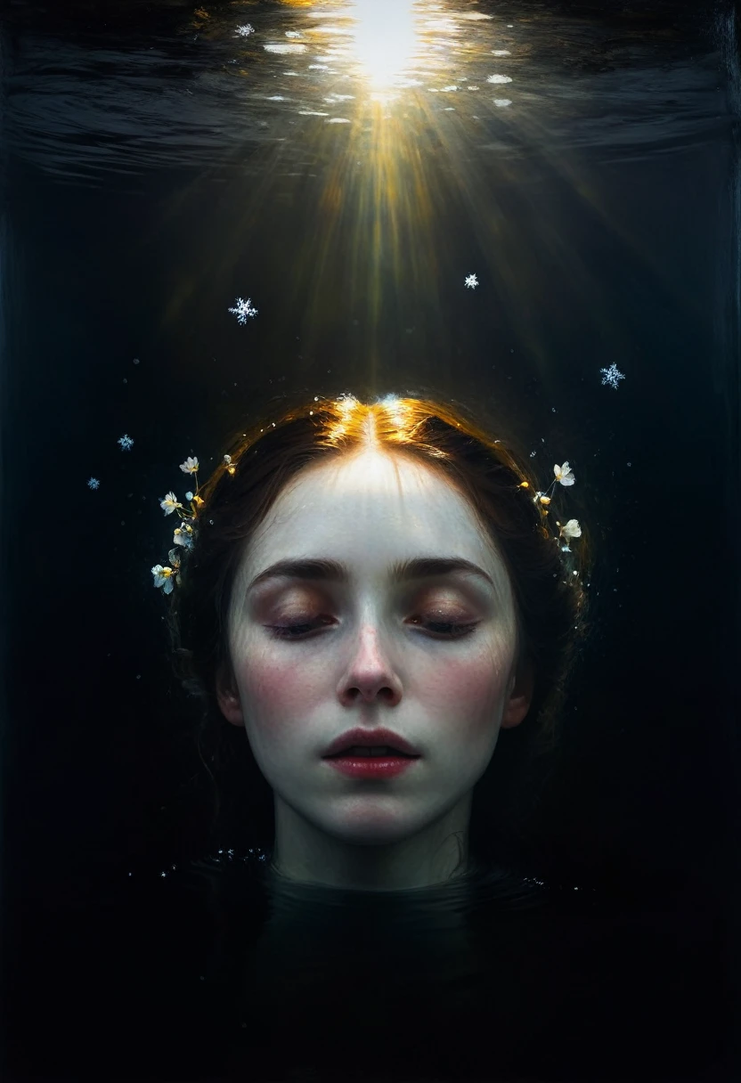 painting of a Ophelia lies on the surface of the water, sun spots on her snow-white face, dark atmosphere, cinematic scene, volumetric lights, ultra realistic, in the style of nicola samori