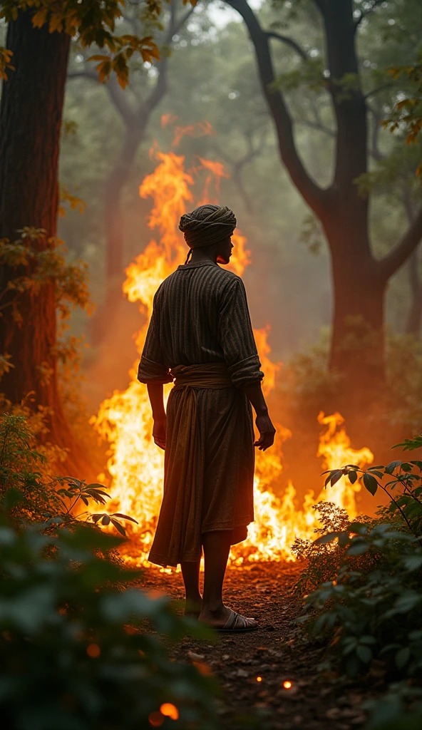 A 35-year-old man wearing a batik turban, a long-sleeve black and brown vertically striped shirt, a long sarong, and traditional warrior sandals, setting fire to a dense, thick forest. The scene is dramatic and cinematic with detailed and realistic elements. The lighting is intense and dynamic, capturing the eerie and epic atmosphere of the forest burning. Hyper-detailed, 8k resolution, ultra-sharp UHD.