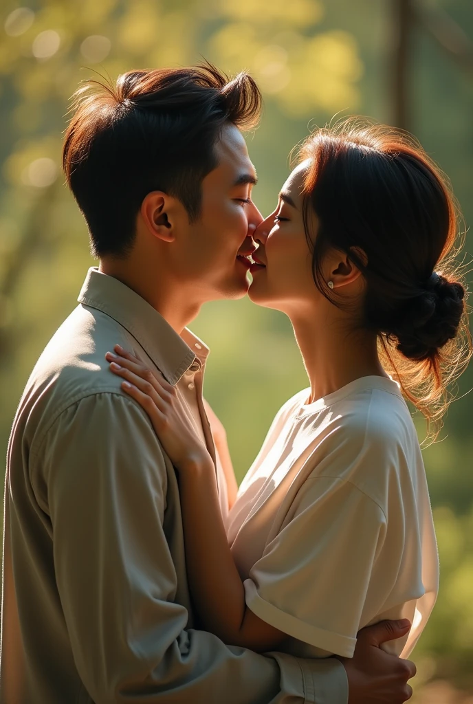 Asian man and woman hugging in natural light, face to face kissing