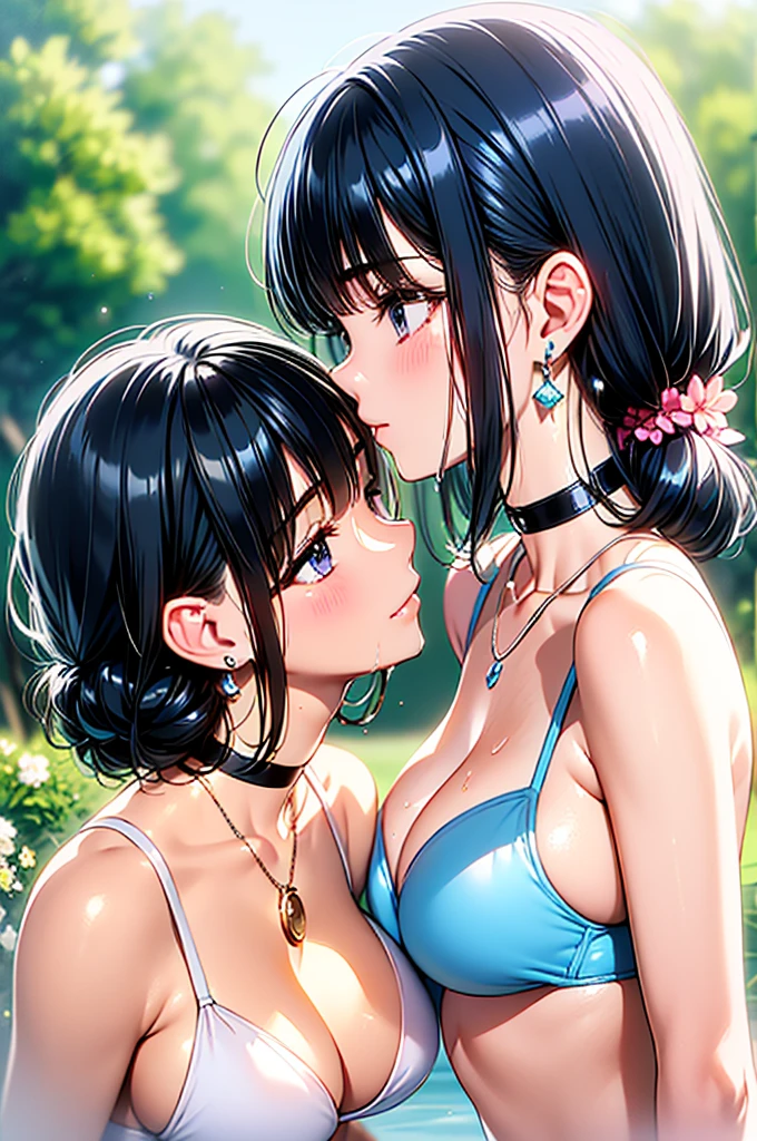 (high detail, high quality, best picture quality, masterpiece), Pale, moya, multiple girls Bokeh DOF from above at a medium distance in a rule of thirds composition Two cute Girls Night sea moon moonlit sea dark Backlight (The girl on the right is short and has a medium bust/Blue eyes/brown ponytail) (The girl on the left is tall and has a large bust/Red eyes/purple hair/princess cut, long hair) (Facing each other and holding hands) (Place your other hand around the other persons waist) (White or floral bikini) shiny glossy iridescent clothes shiny glossy latex gradient iridescent bikini shiny reflective bikini (((Close Face))) ((Face to Face)) ((Kissing Soon)) Face to face Gazing at each other ((Right before the kiss)) On the brink of kissing Embarrassed expression Blushing Half-Closed Eyes Wet body (Choker or pendant) (Earrings or pierced earrings) Alternating Breast Size Bouncing Breasts Dangling Breasts