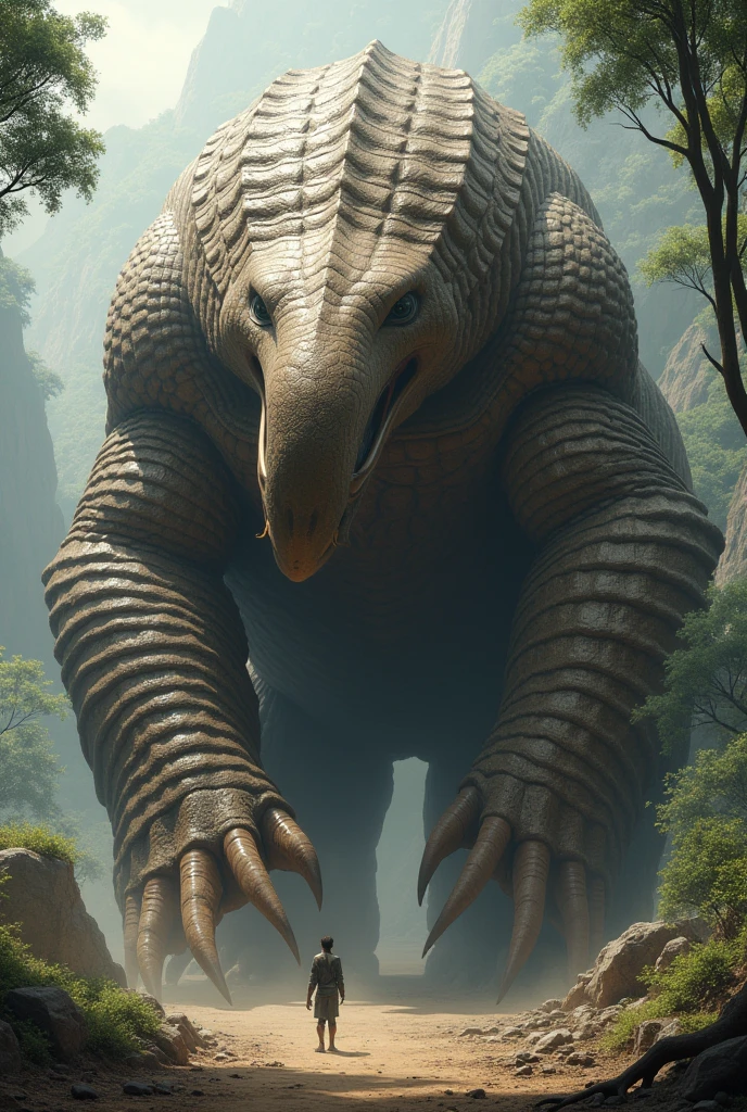 Prehistoric giant pangolin near a human