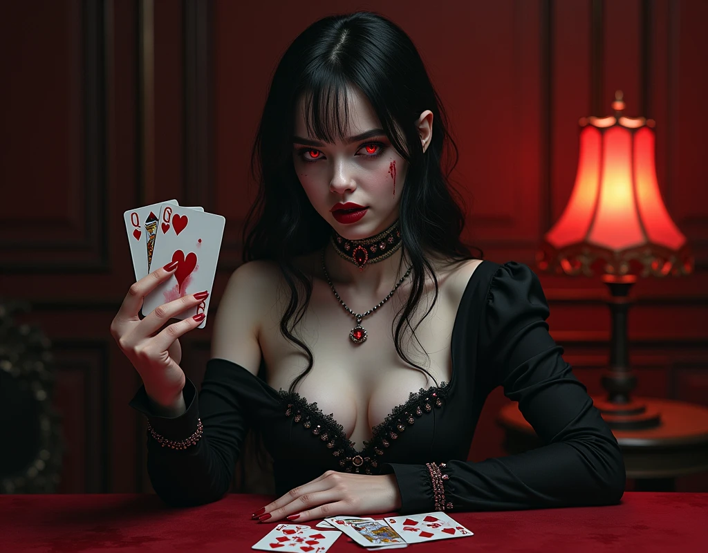 an ((amine art: 1.5)), a portrait of a vampire playing poker game of cards, holding cards ((cards not shown:1.5)) the cards are dripping blood, an exquisite beautiful vampire, goth vampire, ((dynamic hair color: 1.5)), white pale skin, some blood veins are seen on the skin, red lips, red eyes, glowing eyes, wearing goth dress, silk dress, there are diamonds on the dress, earing a choker studded with a red diamond, (vampire fangs:1.5), she sits near a poker table in a dark fantasy room, there is a playing table, torch light,  vibrant, Ultra-high resolution, High Contrast, (masterpiece:1.5), highest quality, Best aesthetics), best details, best quality, highres, ultra wide angle, 16k, [ultra detailed], masterpiece, best quality, (extremely detailed: 1.5)