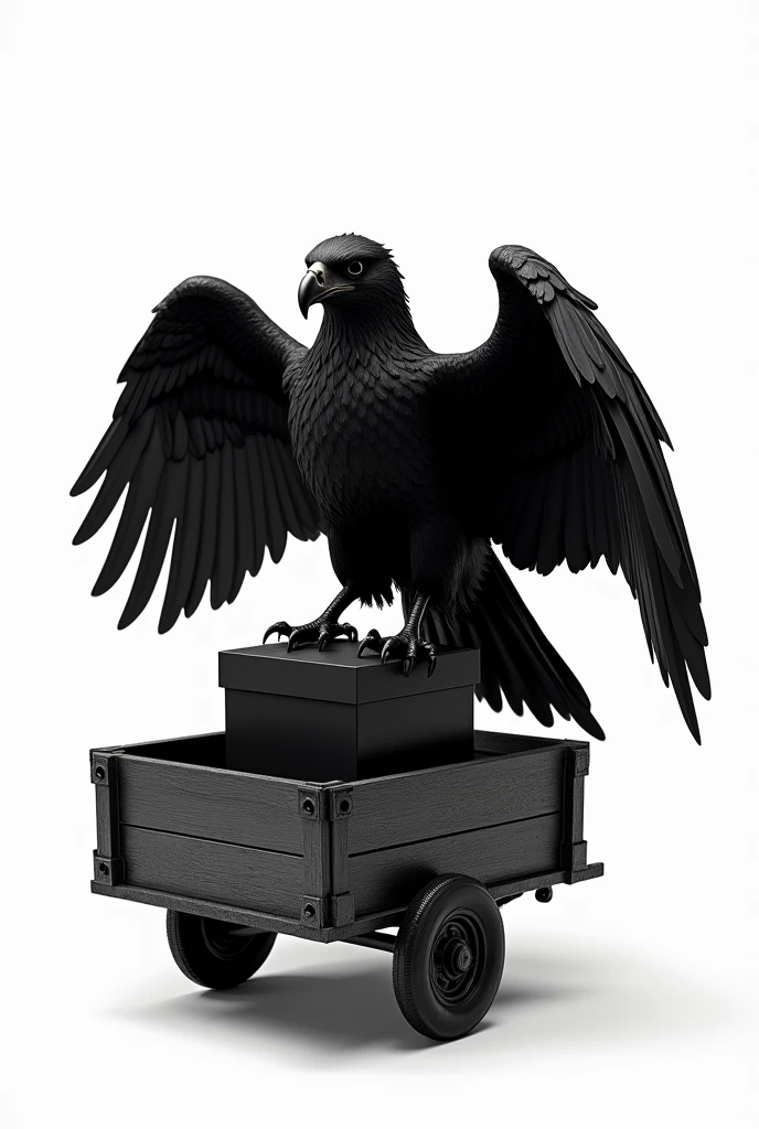 A black eagle is holding a black box inside of a cart with the leg, the eagle should not have any eyes it''s have to black and also the box inside the cart should be in black, the textures in the box and the cart has to be higlighted and the background should be white