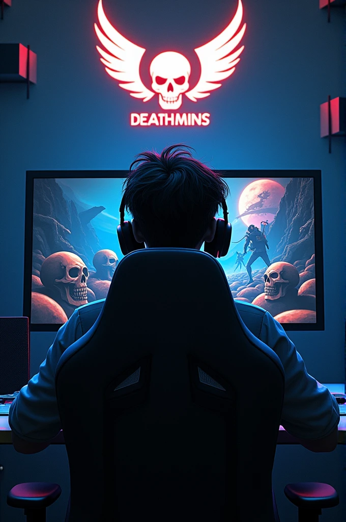 A young person with short, messy hair sits in a gaming chair, wearing a headset and glasses, focused on a monitor. The screen displays a dark, stylized illustration featuring a character amidst skulls and wings. Behind the gamer, a logo featuring a skull and the text DEATH GAMING is illuminated on the wall, creating a high-tech, immersive gaming atmosphere. The room is dimly lit, enhancing the dramatic mood.