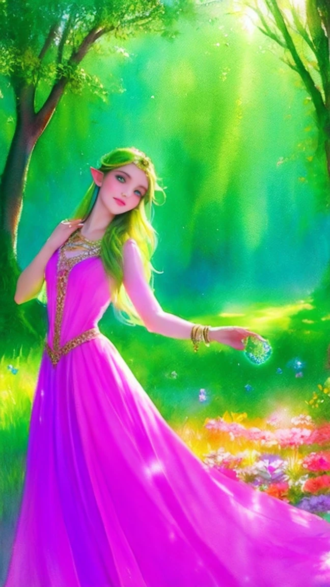 (Exquisite watercolor style)The wonderland of elf princesses,Charming and colorful environment,Colorful flowers,Green grass,Soft sunlight shines on her slender figure,Wearing a gorgeous dress,Pair it with sparkling gemstone jewelry,She floats gracefully in the air,The eyes reveal wisdom and innocence,upper body