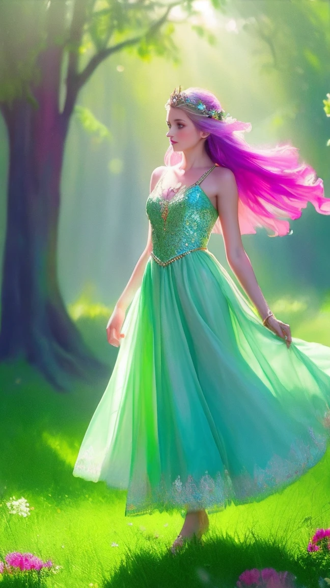 (Exquisite watercolor style)The wonderland of elf princesses,Charming and colorful environment,Colorful flowers,Green grass,Soft sunlight shines on her slender figure,Wearing a gorgeous dress,Pair it with sparkling gemstone jewelry,She floats gracefully in the air,The eyes reveal wisdom and innocence,upper body