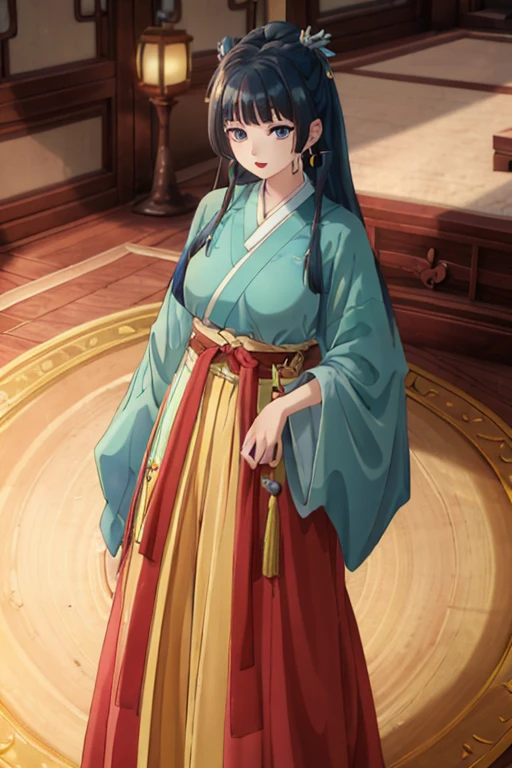 (((Highest quality、Ultra-high resolution、masterpiece: 1.6))), Highly detailed anime art style,Teen Style, (Off the shoulder,Earrings, The lavish interior of the Tang Dynasty harem), Detailed green hair, Detailed blue eyes, Complicated hairstyle, Long Hair,Sparkling eyes,like々Shii,hair accessory, チャイニーズEarrings着用, She has a hairpin on her head、Half Up, Slightly blunt bangs, Detailed lighting, Bright colors, Looking at the audience, Shot from 45 degrees above、Narrow waist、Look forward、Stand in the center of the image、Cowboy Shot,Cat、Curvaceous、Big Breasts、Big Ass、High-end kimono、Traditional Tang Dynasty Kimono、Deep red lipstick、Courtesan-style costume、