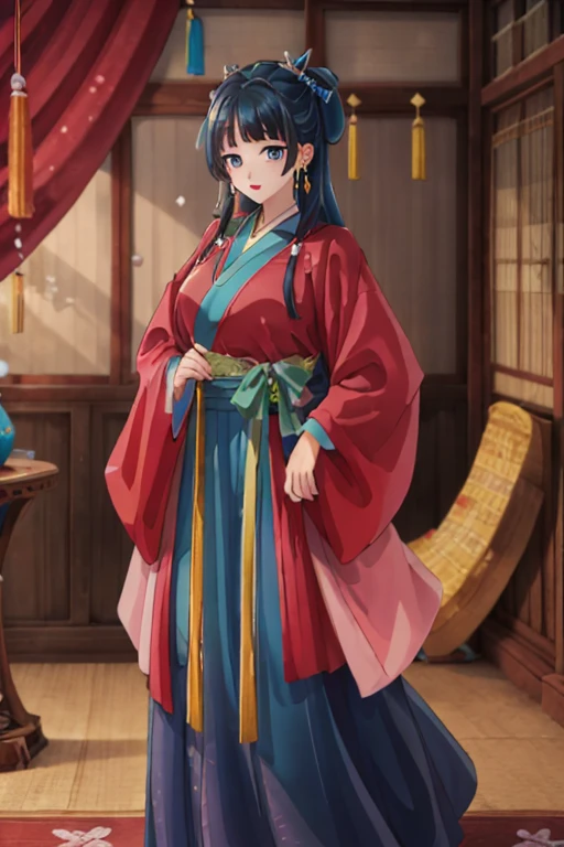 (((Highest quality、Ultra-high resolution、masterpiece: 1.6))), Highly detailed anime art style,Teen Style, (Off the shoulder,Earrings, The lavish interior of the Tang Dynasty harem), Detailed green hair, Detailed blue eyes, Complicated hairstyle, Long Hair,Sparkling eyes,like々Shii,hair accessory, チャイニーズEarrings着用, She has a hairpin on her head、Half Up, Slightly blunt bangs, Detailed lighting, Bright colors, Looking at the audience, Shot from 45 degrees above、Narrow waist、Look forward、Stand in the center of the image、Cowboy Shot,Cat、Curvaceous、Big Breasts、Big Ass、High-end kimono、Traditional Tang Dynasty Kimono、Deep red lipstick、Courtesan-style costume、
