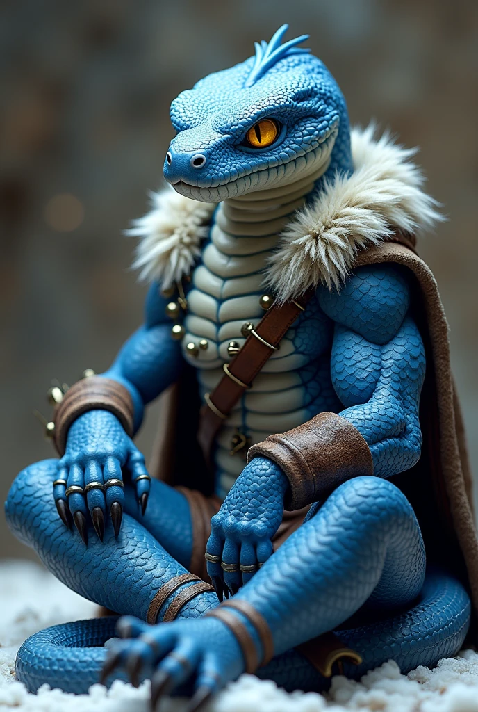 a blue anthro cobra in winter barbarian clothing, solo, male, anthro snake, blue body, (light blue countershading), yellow sclera, slit pupils, full body tattoos, 4 toes, looking at viewer, sitting, flexing, checking out self, feet kicked up, close-up