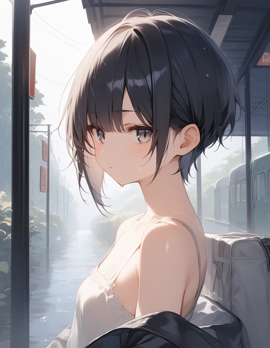 score_9, score_8_up, score_7_up, source_anime, best quality, masterpiece, official art, absurdres, highres, ultra-detailed,waifu2x,JAV Cover,break,1girl, tomboy, idol girl, very short hair, pixie cut, small breasts, slender, beautiful detailed eyes,  expressionless, sweat, sleepily, sexual appeal, pov, rainy, night, bus stop, outdoors, break,(clear line illustration:1.2), super detailed skin, shiny skin, very high resolution, very aesthetic, Best sexual lighting powered by famous artist, 4k, 8k, 16k, cute picture, beauty illustration,photoshop_(medium),,(Detailed Lighting),best anime 8k konachan wallpaper, pixiv contest winner, 