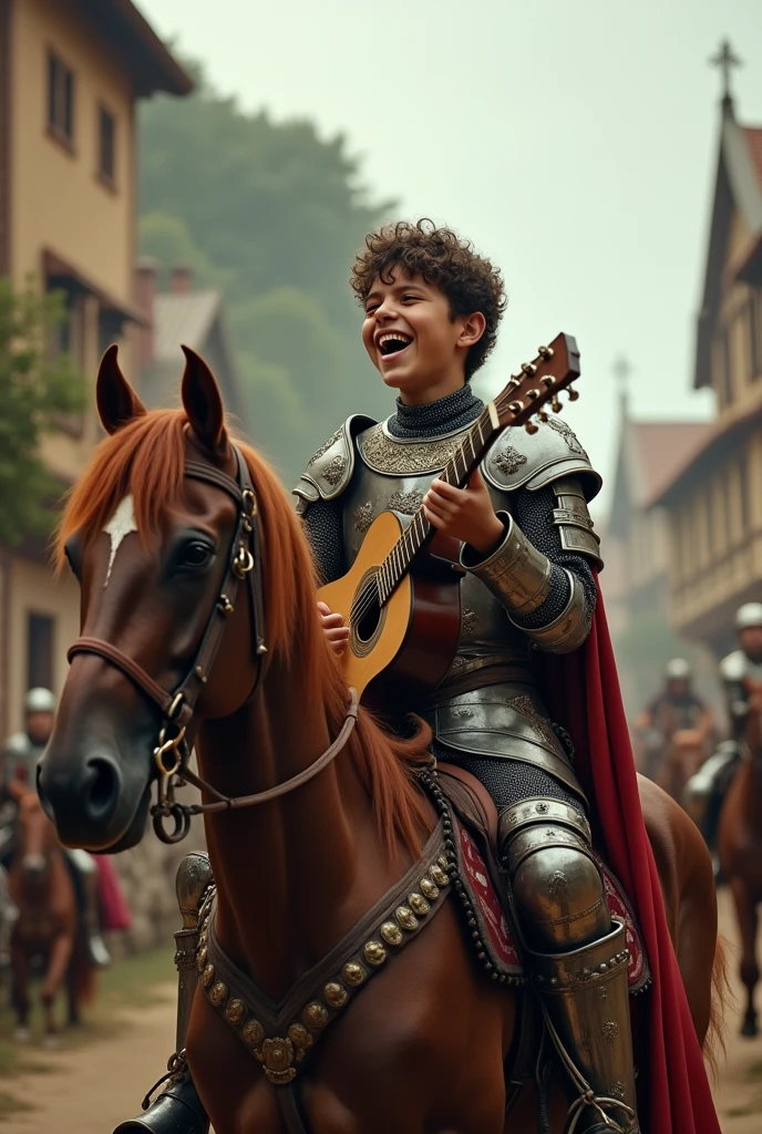 An indigenous ager in medieval knight armor singing passionately with the guitar in a magical village on a horse