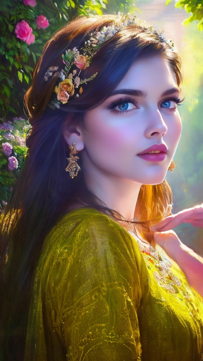 A girl in a garden,half:illustration,beautiful detailed eyes,beautiful detailed lips,Extremely detailed eyes and face,long eyeslashes,Plump breasts，gigantic cleavage breasts:1.6，High Resolutions,ultra detailed,fotorrealist,vivid colors,bokeh,Portraits,warm tones,soft lighting, (The best quality,4k,8k,High Resolutions,masterpiece:1.2),ultra detailed,(realist,fotorrealist,fotorrealist:1.37),classical,Amazing,beautiful detailed eyes,flying through the sky, dramatic lighting, cinematic composition, vibrant colors, epic fantasy,beautiful detailed lips,Extremely detailed eyes and face,long eyeslashes,oil painting style,Canvas texture,old fashioned dress,Golden lighting,Garden landscape,colorful flowers,romantic atmosphere,vintage colors,soft sunlight,serene expression,elegant pose
INFO
