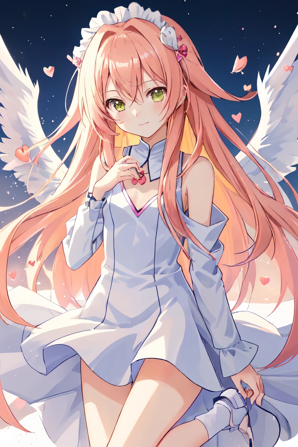 1_girl, (anime, kawai:2), (masterpeice, best_quality, clean:1.5), (sky_background:1.2), (cute, cute_smile, wholesome, young:1.5), (delicate, extremely_delicate, beautiful, thin:1.8), (girlfriend, angel:2), (green_eyes, simple_eyes:1.8) (long_hair, blond_hair:1.8), (combat:1.2), (wearing_pink_dress, pink_angel_wings:1.6), (tease:1.5), (combat:1.2), extremely_delicate, (love_magic:1.5), (age_size_fits_body), (small_thighs:1.3), (breasts), (eye_level:1.3), (heart_magic, love:1.8), (warm:1.8), (folded_legs:1.5), (cheerful:1.1)