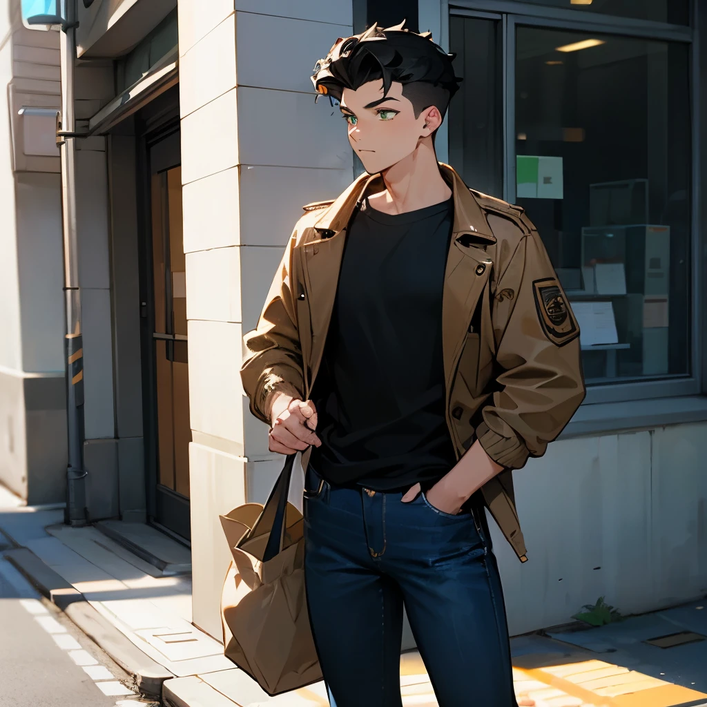 1male , Adult Male , Black Hair ,Modern Undercut Hair , Curly Hair , Calm Expression , Green Eyes , Black T-Shirt , Blue Jeans , Brown Baggy Letterman Jacket , Standing On Sidewalk , Muscular