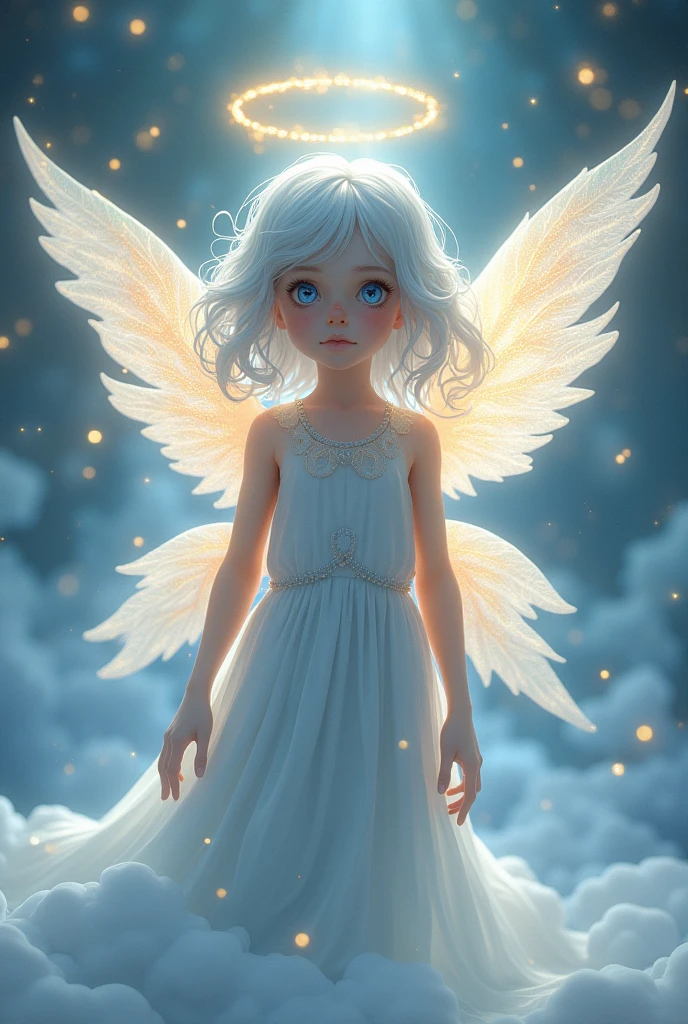 Veldora: • Form: Child of 5 years, with a small and delicate stature. • Appearance: Glowing silver hair, falling in soft curls around her face. Bright, deep blue eyes, reflecting a paradoxical wisdom and innocence. • Halo: A bright, shimmering halo above his head, emitting a soft golden glow, symbolizing his status as a primordial god. • Clothing: Dressed in a light and ethereal tunic, which almost seems to float around him. Colors vary from light blue to pearly white, with subtle patterns reminiscent of stars and clouds. • Wings: Four majestic wings spread with an iridescent texture, the upper two are large and elegant while the lower two are smaller but equally luminous.