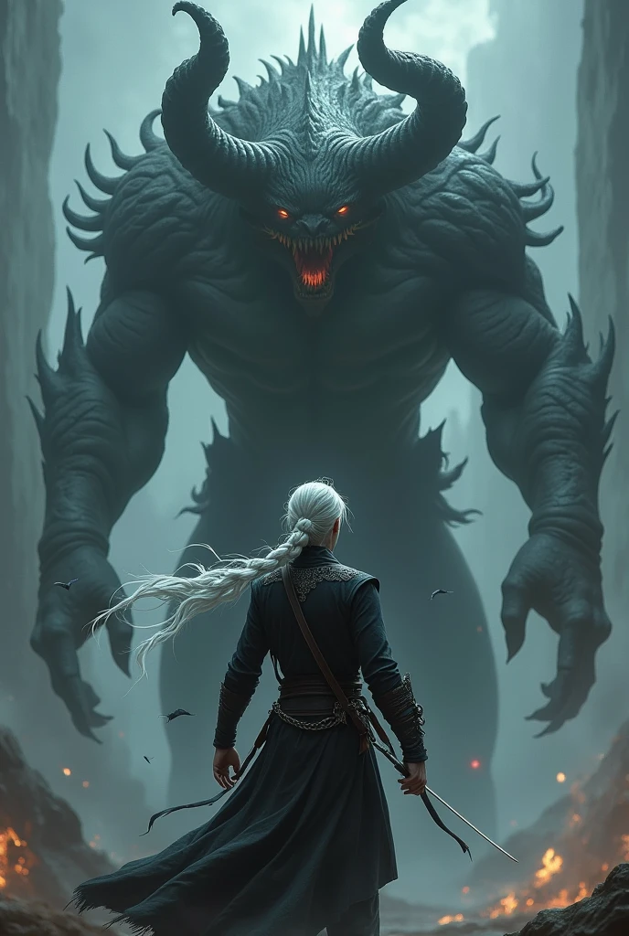 A young man demon hunter in black clothes, with long white hair and a braid, is standing and fighting a giant monster.