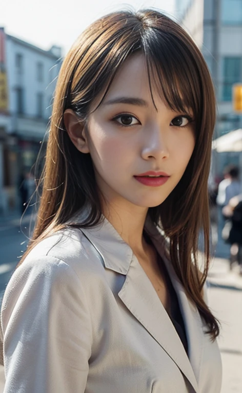 Photorealistic portrait of Hoshino Ruby from Oshi no Ko, as a real person. Blonde hair, Red eyes, Wearing uniform/blazer, innocent expression, Candid street photography, hyper-realistic, detailed facial features, natural lighting, 8k resolution