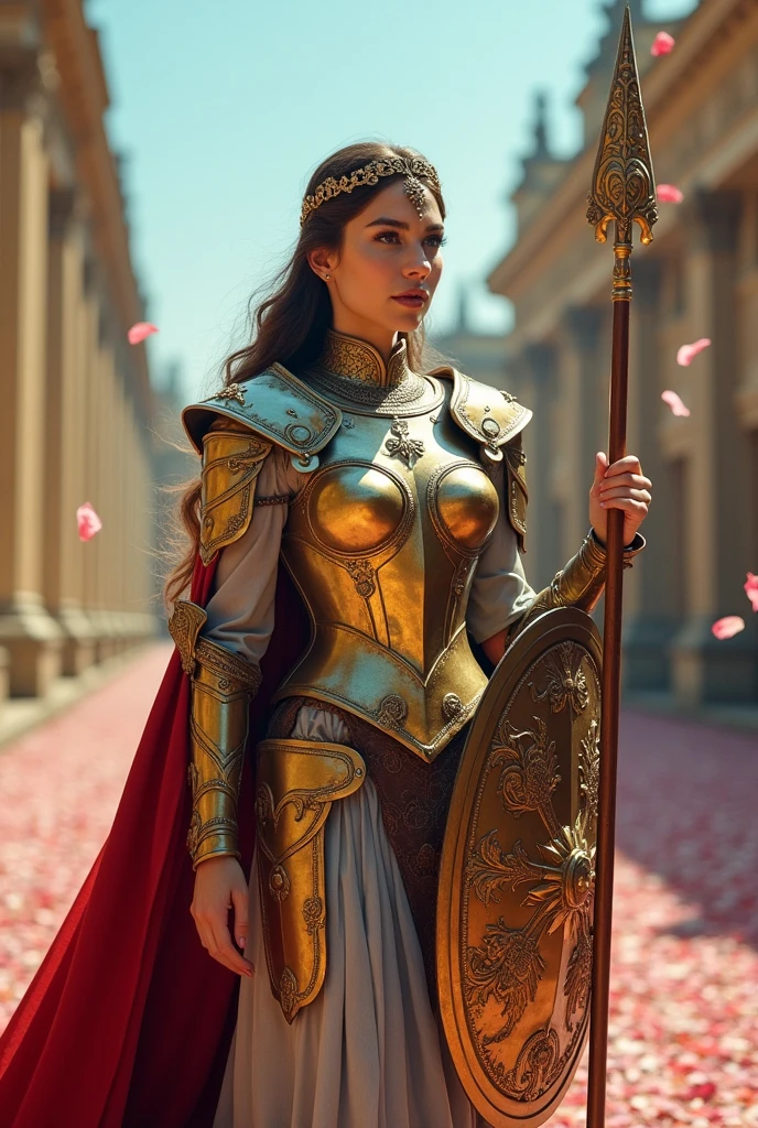 Nostalgic, analog film, bokeh, lots of petals are falling ,, female warrior, Walking through a  Palace of Versailles at blue-sky background, gorgeous tiara,fantastic armor with intricate and luxurious decoration, She is holding gorgeous spear and shield, gorgeous spear with intricate ornamentation and gorgeous angularity, all with an ecstatic intensity, with an ecstatic expression and intensity, by Lise Deharme, inspired by Lise Deharme, art, by Bastien L. Deharme, detailed 3d oil painting, digital art, beautiful medieval fantasy art portrait, by Csaba Markus, elegant cinematic ,le art