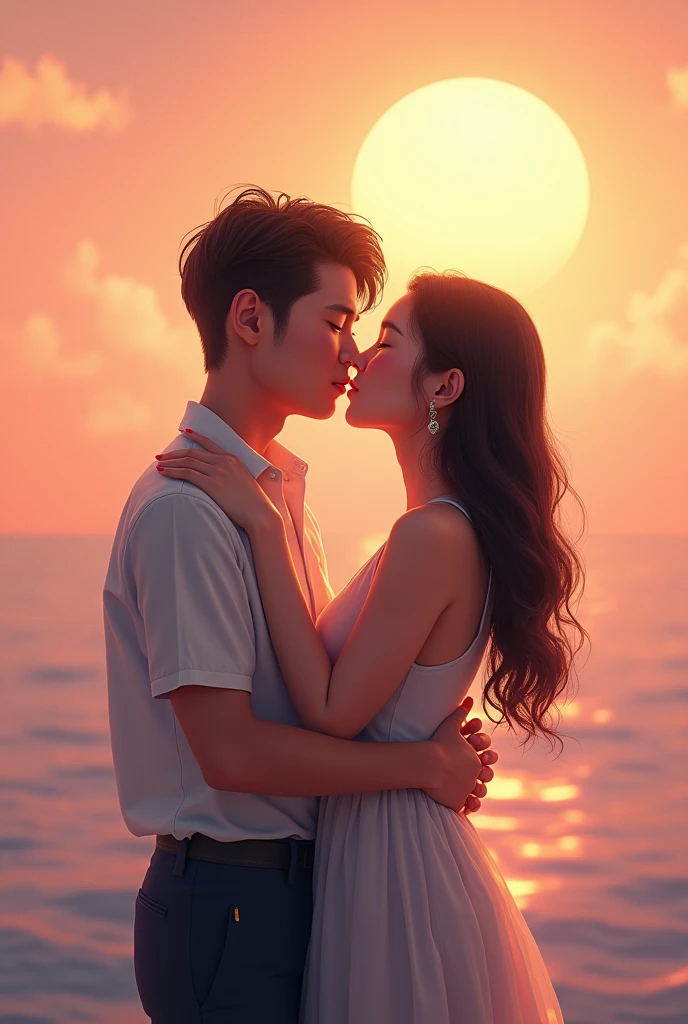 Asian man and woman hugging under a bright sky, face to face, kissing