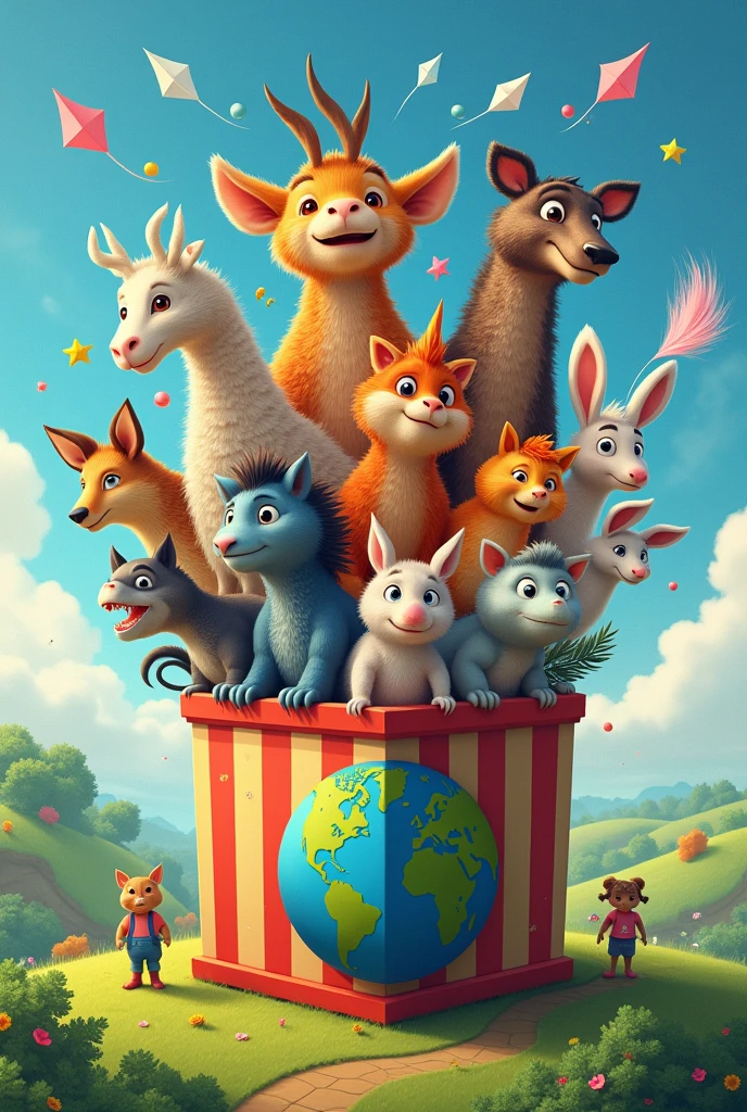 A sustainable world　world peace　National flag　A picture of creatures from all over the world jumping out of a jack-in-the-box with a globe design
