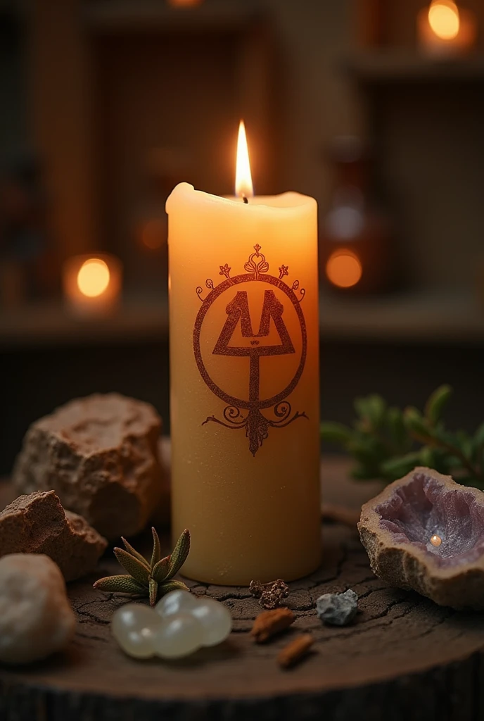 A candle that holds the name Awen in its symbol 