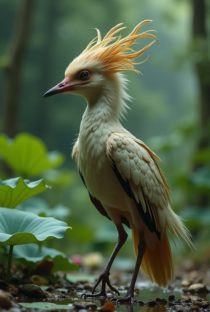 An unimaginable creature in Thai literature, a female human being with an upper body. The lower part is set at the hips like a bird. It has legs like a bird, wings on its hips, and walks like a bird in the forest by a large lotus pond.
A surreal colorful hybrid animal that combines features of X and Y. A powerful natural scene. Blurry nature background. The intricate details add to the realism of the scene, grainy sharp image, extremely detailed and high resolution, photo realism, 8k