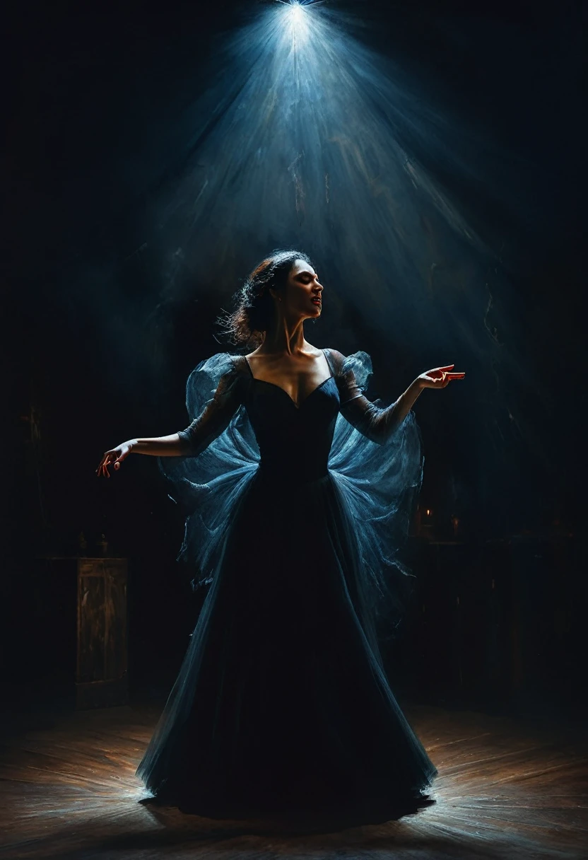 painting of a man and woman dancing in a dark room demonic expressive dance, magic, sorcery, dynamic poses, dark atmosphere, cinematic scene, volumetric lights, ultra realistic, in the style of nicola samori