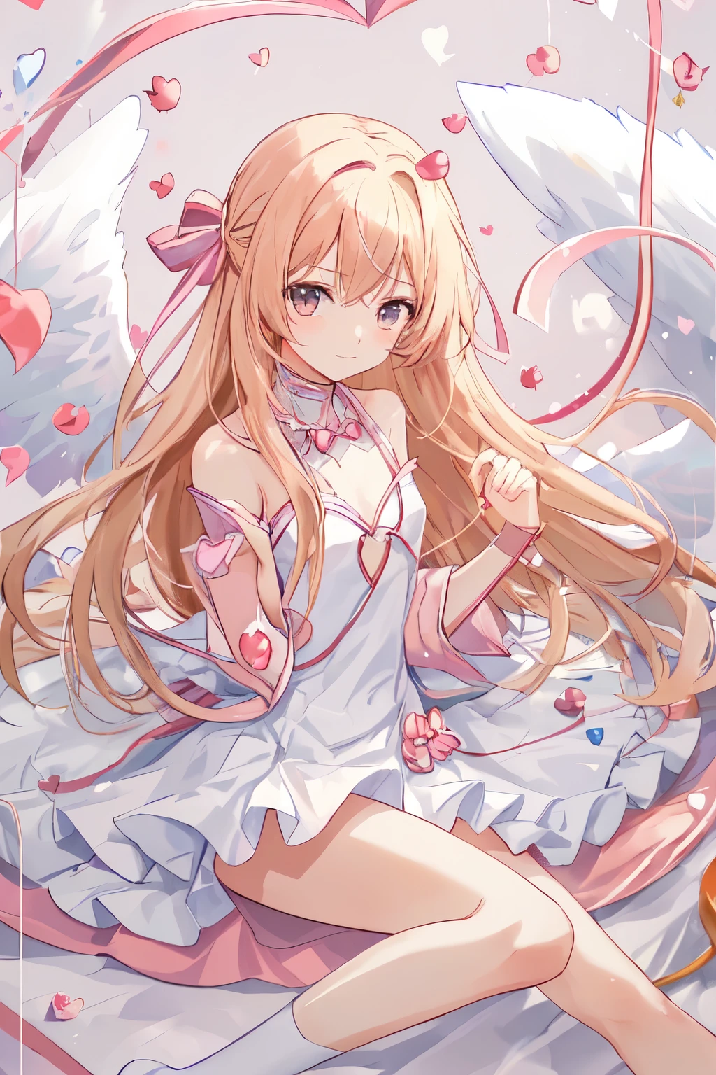 1_girl, (anime, kawai:2), (masterpeice, best_quality, clean:1.5), (sky_background:1.2), (cute, cute_smile, wholesome, young:1.5), (delicate, extremely_delicate, beautiful, thin:1.8), (girlfriend, angel:2), (green_eyes, simple_eyes:1.8) (long_hair, blond_hair:1.8), (combat:1.2), (wearing_pink_dress, pink_angel_wings:1.6), (tease:1.5), (combat:1.2), extremely_delicate, (love_magic:1.5), (age_size_fits_body), (small_thighs:1.3), (breasts), (eye_level:1.3), (heart_magic, love:1.8), (warm:1.8), (folded_legs:1.5), (cheerful:1.1)