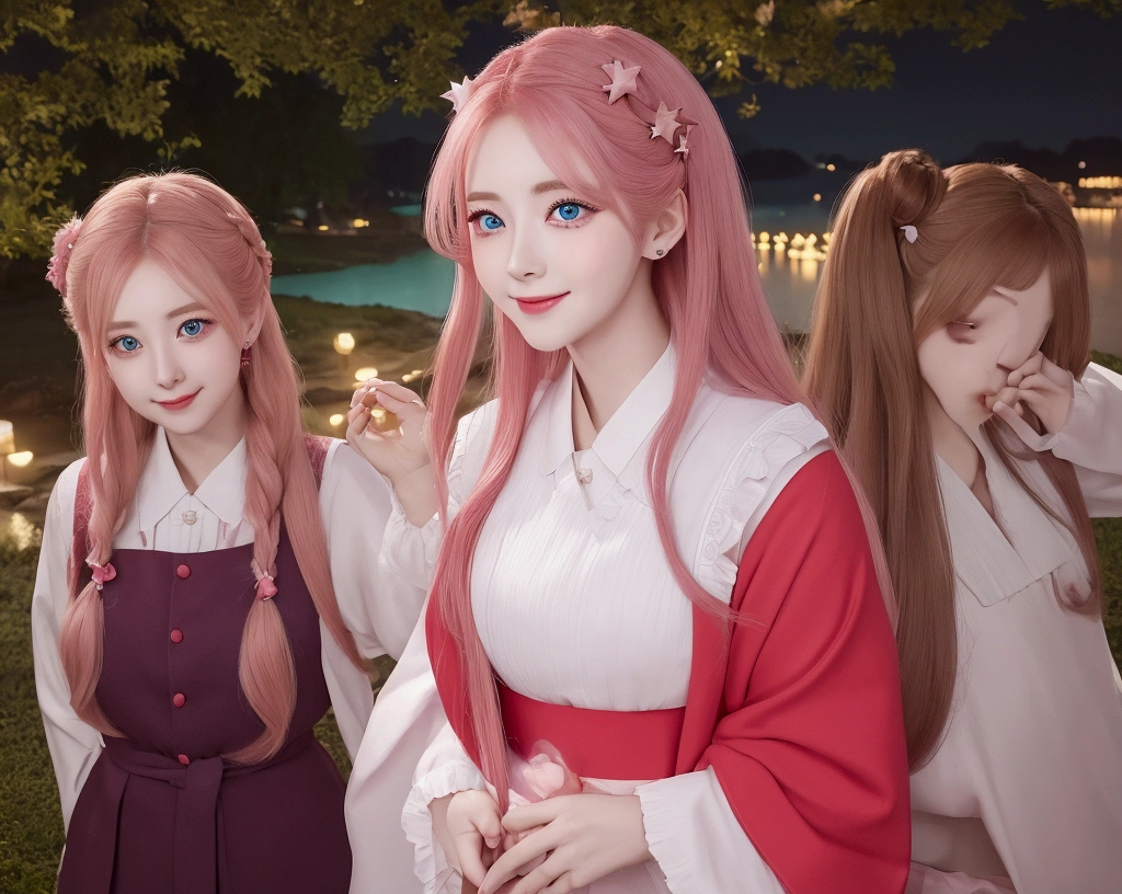 A woman with half-up hair in a reddish pink style。Blue eyes、have big eyes。Her outfit is a white blouse and a red vest.、short green skirt。Star-shaped hairpins around her temples。The face is smiling。Style『The Quintessential Quintuplets』With a realistic art style similar to、Use warm tones in your colors。In the background is a lake in the park illuminated by a full moon night。