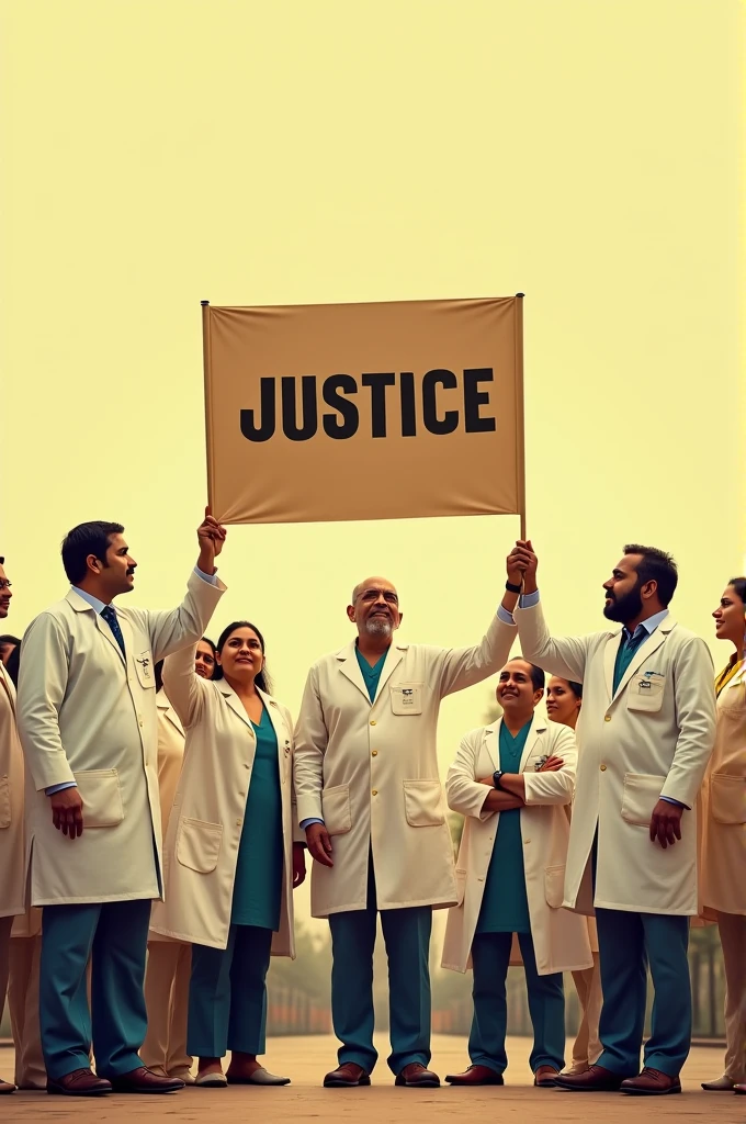 Indian doctors protesting by holding a banner'JUSTICE'..[VERTICAL IMAGE], yellowish,medium contrast .. 100 of doctors are very angry and some are crying .. realistic picture.. women doctors are also angry..in. the sky there is a line by cloud "ALL EYES ON R G KAR"..they are holding banner "Justice"
INFO
