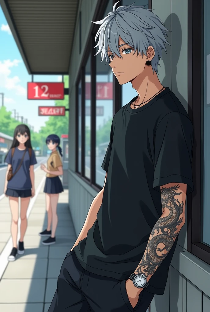 a 16 year old boy,in anime style of the Seinen Genre.
His appearance is Gray Hair, grayish blue eyes and light beige skin color.
wearing a black t-shirt, Black Pants and Black Nike Sneakers.
He is wearing black earrings in his ear, wearing a small silver watch on his left arm.
He is standing leaning against a wall outside a convenience store..
And he's holding a can of soda .
He looks stoic.
He has a Dragon tattoo on his right arm..
Two girls in the background are admiring him from afar.