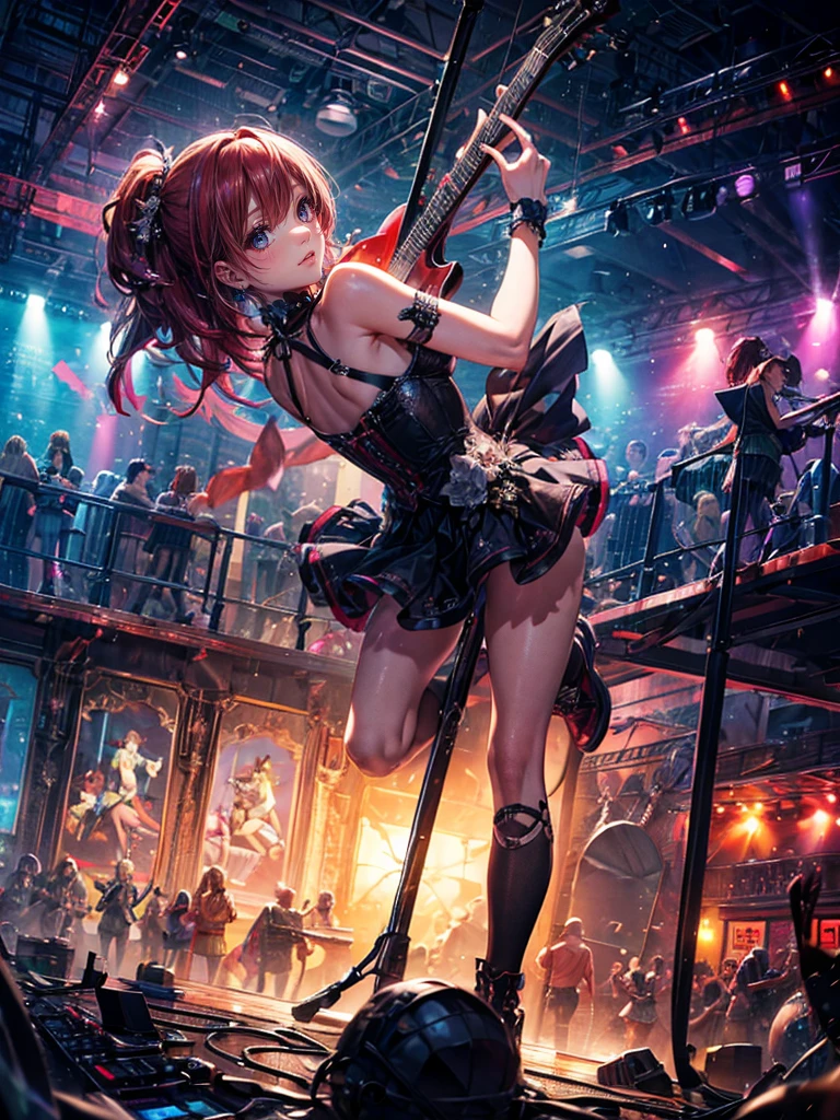 High resolution, Winner of numerous awards, High detail, Ultra high definition, Textured skin, Retina,
masterpiece,(bestquality),highlydetailed,ultra-detailed,1girl,(Rock band girl)(play a Guitar:1.2)(panorama:1.2),smile,angle,,chrome,raw(Red Hair、Medium Hairstyles:1.5)(Acrobatic moves and angles:1.5)(LIVE STAGE)(💐💐💐There is a bouquet:1.5)(Spotlight)(Spectator's hands✋)(Anatomically correct, )