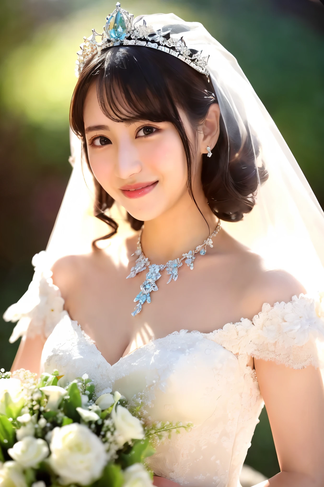 (Highest quality、Tabletop、8k、Best image quality、Award-winning works)、Beautiful Bride、(alone:1.1)、(The most extravagant and gorgeous huge pure white wedding dress:1.2)、(Perfect Wedding Lace:1.2)、(The most gorgeous and luxurious giant tiara:1.3)、(The most extravagant and luxurious giant necklace:1.3)、(Have a luxurious bouquet:1.3)、The finest jewellery decoration、Perfect Makeup、Long eyelashes、Ultra HD Shining Eyes、Ultra HD Hair、Ultra-high resolution glossy lips、Super high resolution beautiful face、(Accurate anatomy:1.1)、Very bright and beautiful skin、very bright and vivid、(Perfect short bridal hairstyle:1.3)、(Front facing body:1.1)、(The most refreshing and beautiful forest background:1.1)、(Small breasts:1.1)、(Small breastsの谷間:1.1)、(Perfect beautiful bridal photos:1.1)、Cute Smile、(Face close-up:1.1)