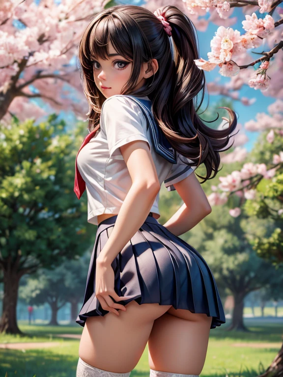 Slim body type, 1 girl, beautiful face, a school girl bending over, looking back, panty visible, white panties, small breasts, beautiful detailed eyes, beautiful detailed lips, extremely detailed face and hair, long eyelashes, pleated skirt, white blouse, knee-high socks, loafers, school campus, cherry blossom trees, sunlight, vibrant colors, intricate details, realistic, photorealistic, 4k, high resolution, best quality, masterpiece, Disney art style 