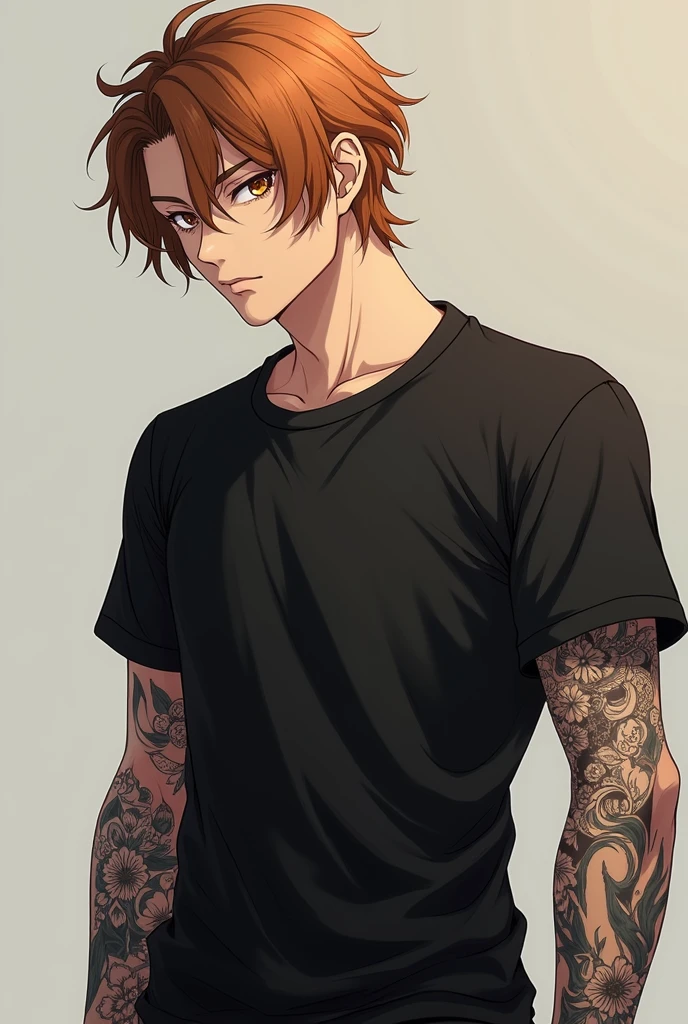 Male anime style image with brown hair and eyes, black t-shirt and tattoo only on the left arm 