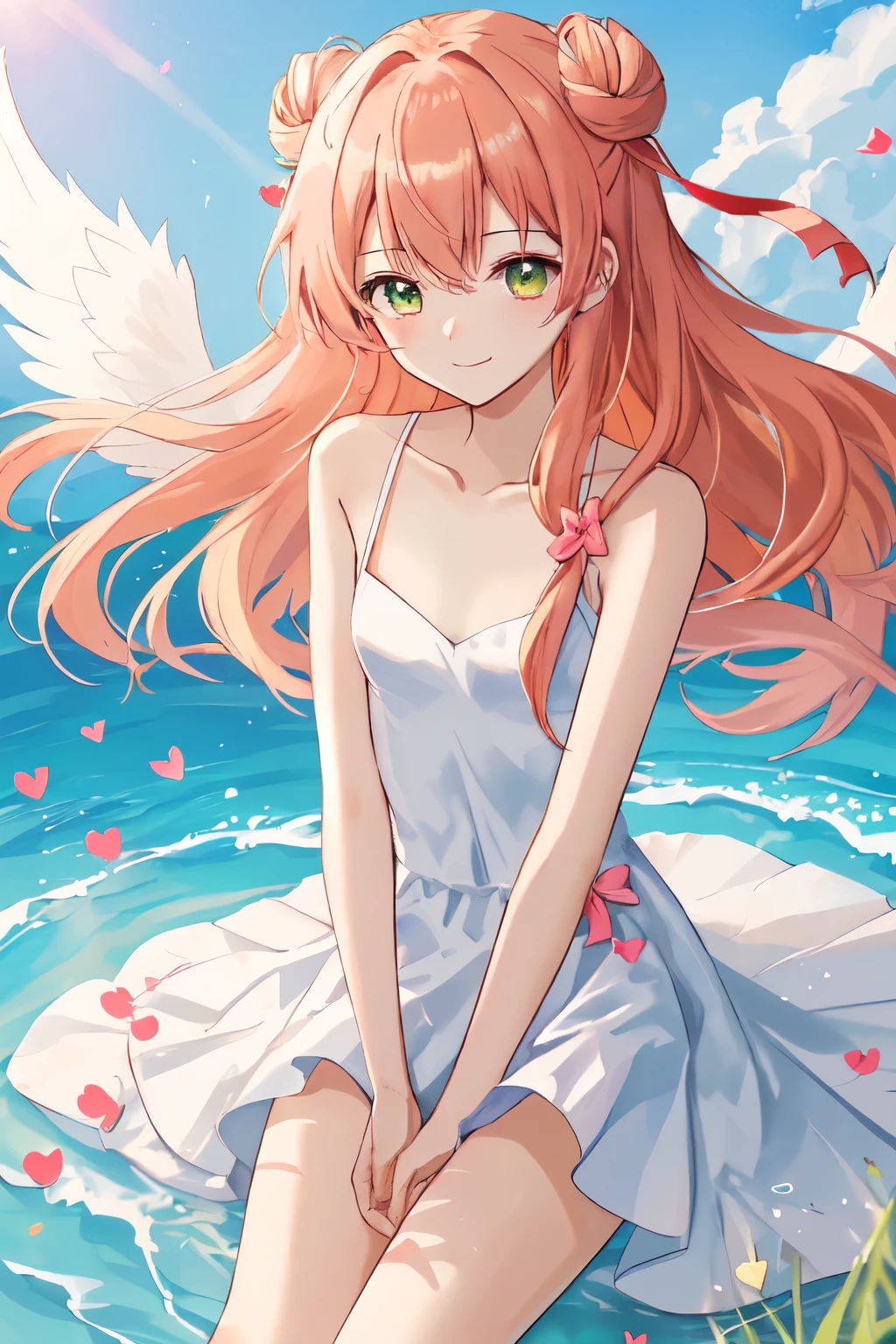 1_girl, (anime, kawai:2), (masterpeice, best_quality, clean:1.5), (sky_background:1.2), (cute, cute_smile, wholesome, young:2), (delicate, extremely_delicate, beautiful, thin:1.8), (girlfriend, angel:2), (green_eyes:2) (long_hair, blond_hair:1.8), (combat:1.2), (wearing_pink_dress, pink_angel_wings:1.6), (tease:1.5), (combat:1.2), extremely_delicate, (love_magic:1.5), (age_size_fits_body), (small_thighs:1.3), (breasts), (eye_level:1.3), (heart_magic, love:1.8), (warm:1.8), (folded_legs:1.5), (cheerful:1.1)