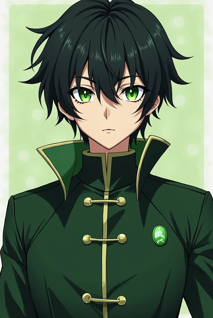 Boy in Demon Slayer Corps uniform with black hair,light green eyes,with a green hour
