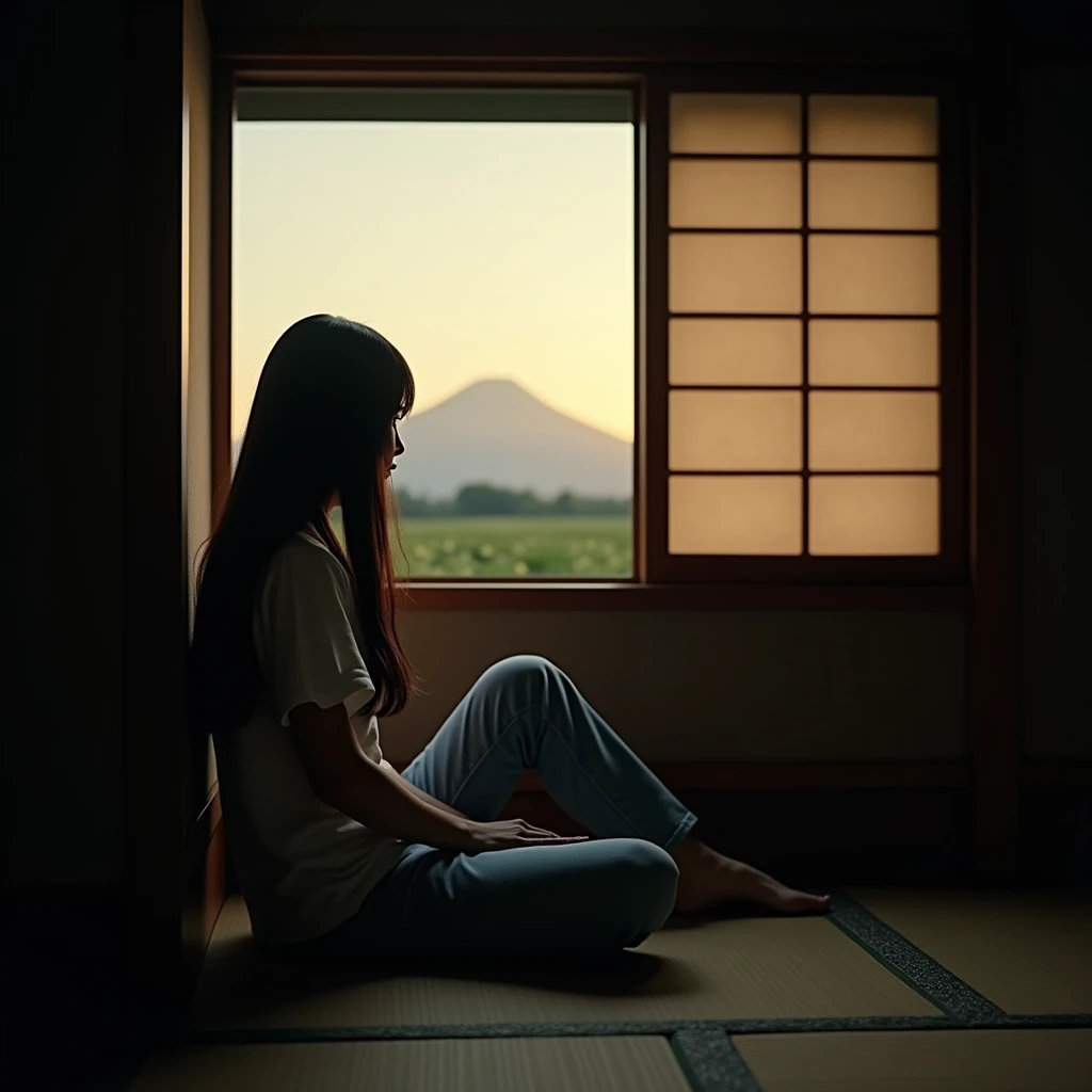 This is Japan in 1970, the woman is upstairs in a dark, very small room with tatami mats, a Japanese woman with long, straight black hair down her back. The house is very old, with a small window open to let the sunset light in, and the house is very dark. There is a Japanese woman with long, straight, black hair down to her back. She is alone. She is wearing a white T-shirt and light blue jeans. She is facing back, she is sitting and looking outside, in the distance we see Mt. Fuji and a field of rape blossoms, the setting sun, (complex detail), (complex detail, ultra detail: 1.2), cinematic shot, very realistic image quality,