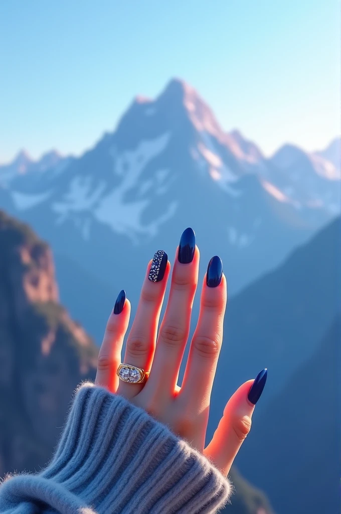 Beautiful and elegant nails with a blue mountain background