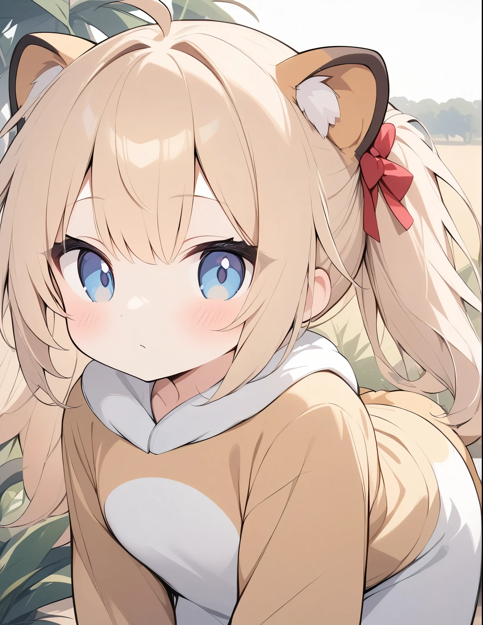 ((Amazingly absurd)),超High resolution, Attention to detail, high quality, High resolution, 最high quality, 4K, 8k, Lion Girl、cute、Pose、tooth、Savannah background、((Lion costume))、cute、ライオンのぬいぐるみ