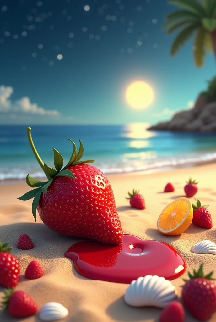 A strawberry lying on the beach with a jam failure next to it and some fruits and shells in the sand and stars, the sun in the sky that is noticeable a little