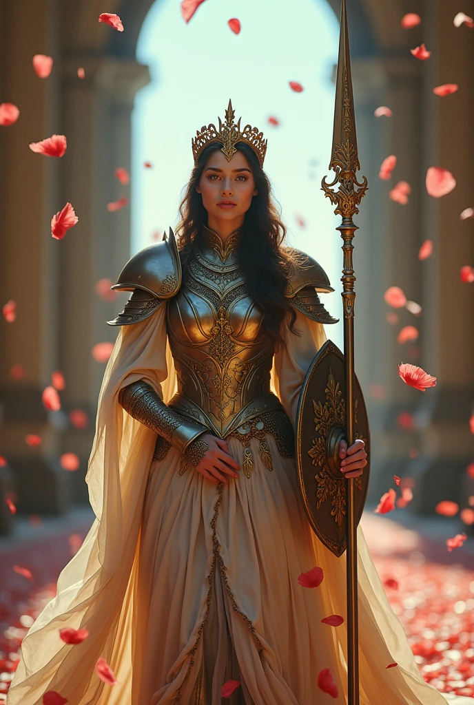 Nostalgic, analog film, bokeh, lots of petals are falling ,, female warrior, Walking through a  Palace of Versailles at blue-sky background, gorgeous tiara,fantastic armor with intricate and luxurious decoration, She is holding gorgeous spear and shield, gorgeous spear with intricate ornamentation and gorgeous angularity, all with an ecstatic intensity, with an ecstatic expression and intensity, by Lise Deharme, inspired by Lise Deharme, art, by Bastien L. Deharme, detailed 3d oil painting, digital art, beautiful medieval fantasy art portrait, by Csaba Markus, elegant cinematic ,le art
