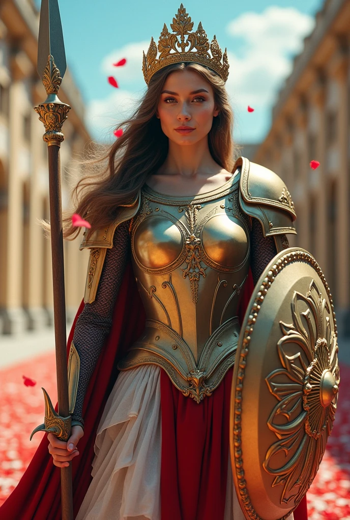 Nostalgic, analog film, bokeh, lots of petals are falling ,, female warrior, Walking through a  Palace of Versailles at blue-sky background, gorgeous tiara,fantastic armor with intricate and luxurious decoration, She is holding gorgeous spear and shield, gorgeous spear with intricate ornamentation and gorgeous angularity, all with an ecstatic intensity, with an ecstatic expression and intensity, by Lise Deharme, inspired by Lise Deharme, art, by Bastien L. Deharme, detailed 3d oil painting, digital art, beautiful medieval fantasy art portrait, by Csaba Markus, elegant cinematic ,le art
